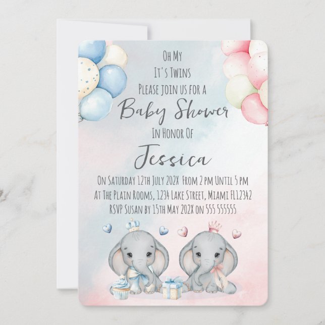 Twin Boy & Girl Elephant  Baby Shower Invitation (Front)