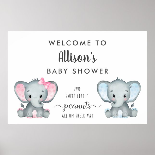 Twin Boy Girl Elephant Baby Shower Welcome Poster (Front)