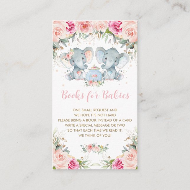 Twin Boy Girl Elephant Pink Floral Tea Bring Books Enclosure Card (Front)