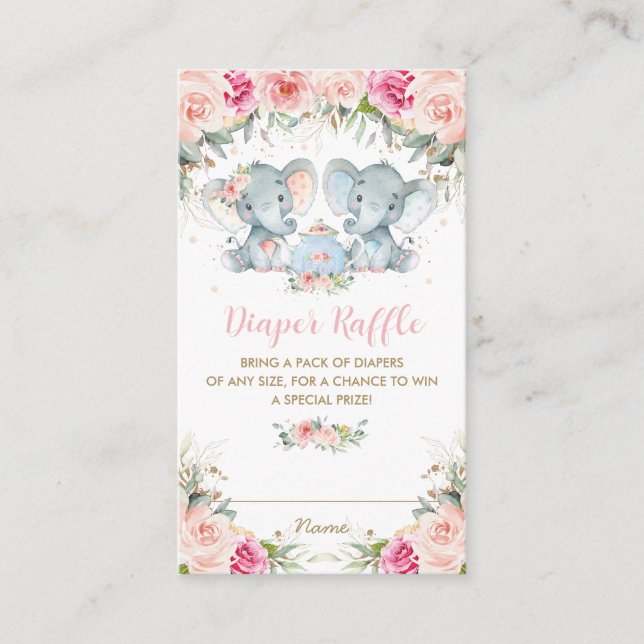 Twin Boy Girl Elephant Pink Floral Tea Diaper  Enclosure Card (Front)