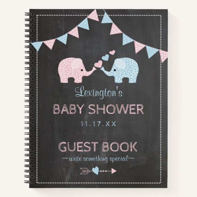 Twin Boy Girl Elephants Baby Shower Guest Book | (Front)