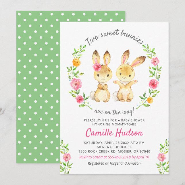 Twin Boy Girl Floral Colourful Bunny Baby Shower Invitation (Front/Back)