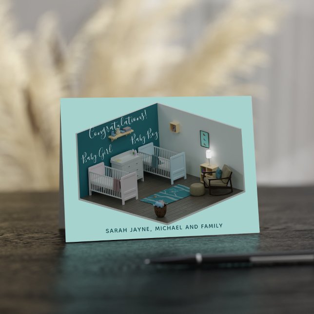 Twin Boy Girl New Baby Congratulations Card (Congratulations! There's twins in the house. Send this card to the new parents. Just add their names)