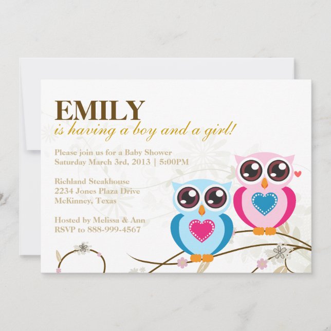 Twin Boy & Girl Owls Baby Shower Invitation (Front)