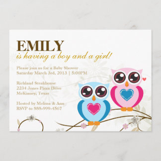 Twin Boy & Girl Owls Baby Shower Invitation