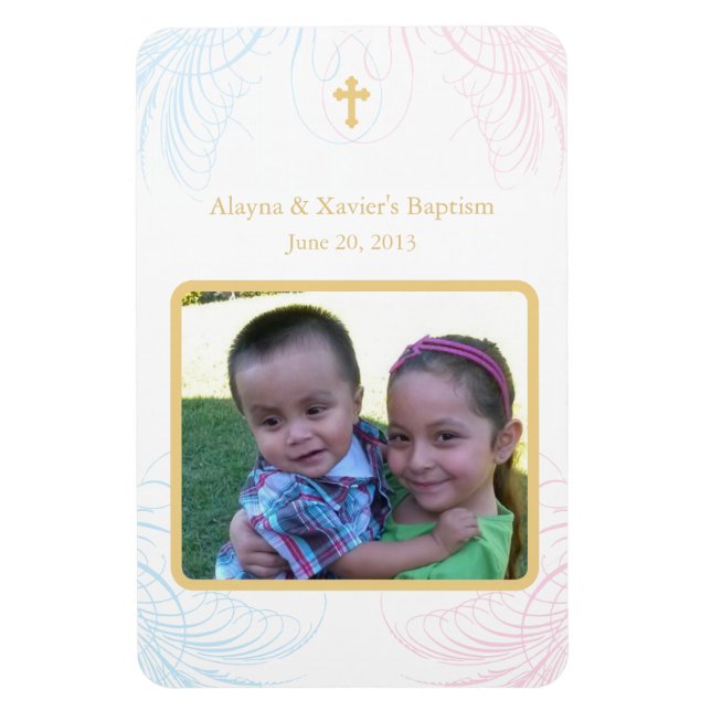 Twin Boy & Girl Photo Baptismal Magnet Invitations (Vertical)