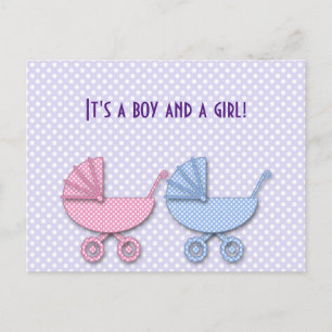 twin boy & girl polka dot stroller - gifts announcement postcard
