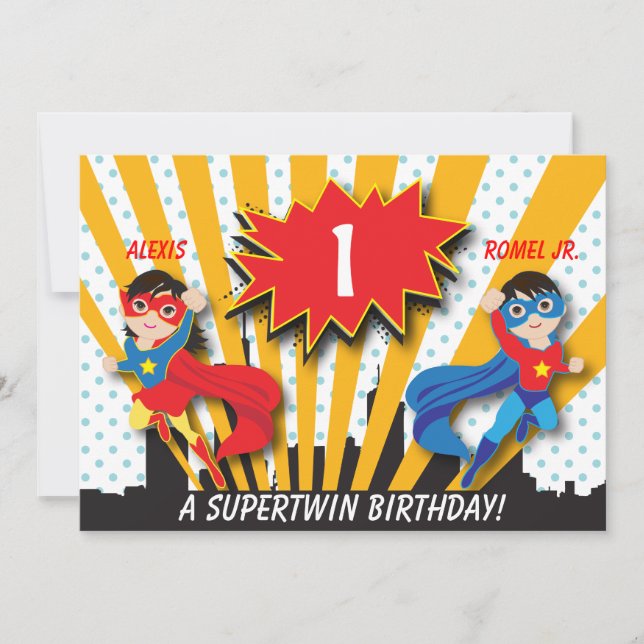 Twin Boy Girl Superhero Birthday Invitation (Front)
