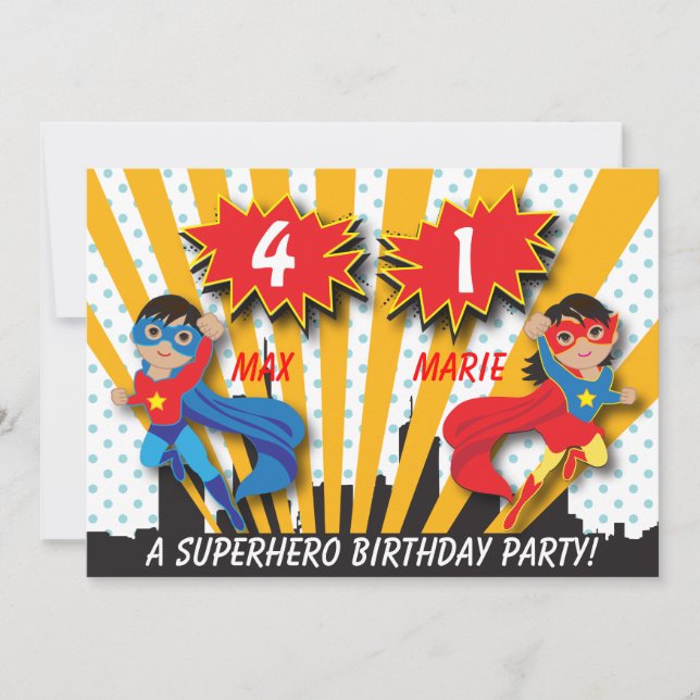 Twin Boy Girl Superhero Birthday Invitation (Front)