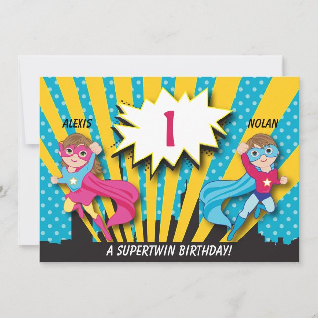 Twin Boy Girl Superhero Birthday Invitation (Front)
