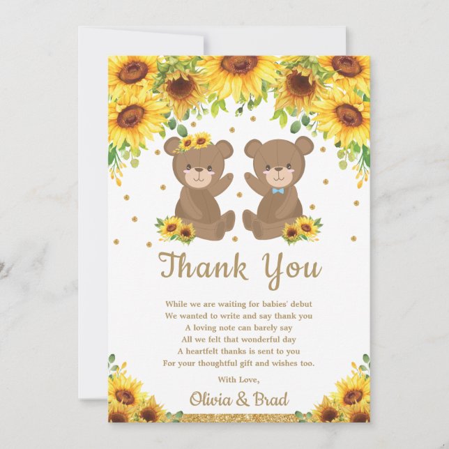 Twin Boy Girl Teddy Bear Sunflower Baby Shower Thank You Card (Front)