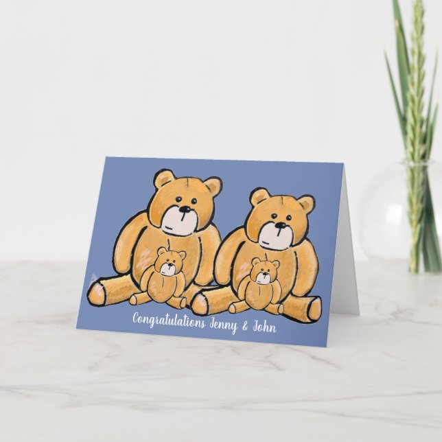 Twin boy teddy bear congratulations card (Front)