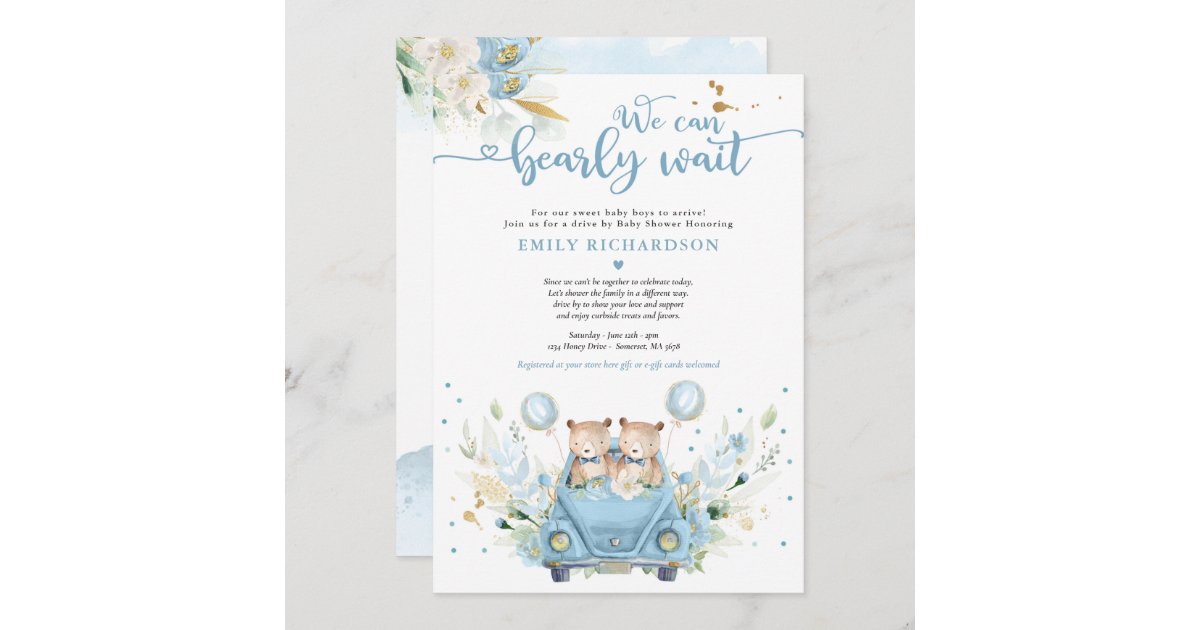 Twin Boy Teddy Bear Drive By Baby Shower Invitation Zazzle