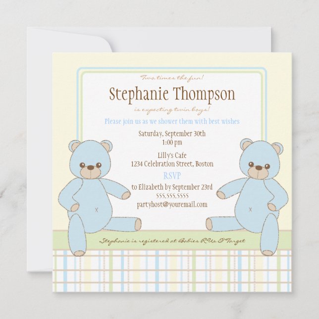 Twin Boy Teddy Bears Baby Shower Invitation (Front)