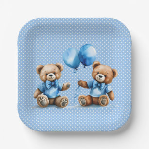 Twin Boy Teddy Bears On Polka Dots Paper Plate