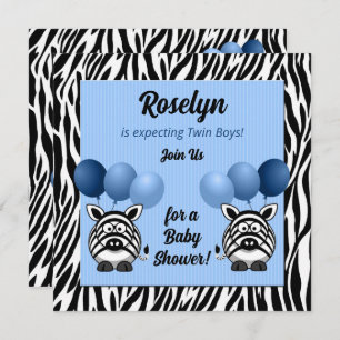 Twin Boy Zebra Print and Blue Baby Shower Invitation