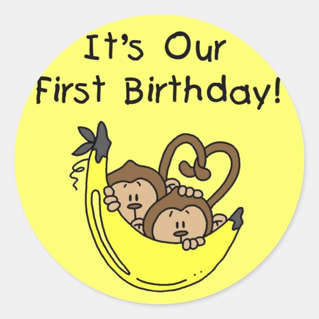 Twin Boys 1st Birthday Monkey Tshirts and Gifts Classic Round Sticker (Front)