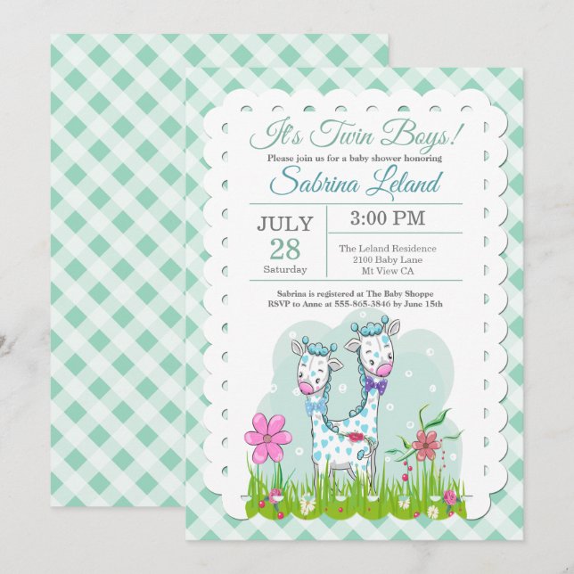 Twin Boys Adorable Giraffes Baby Shower Invitation (Front/Back)