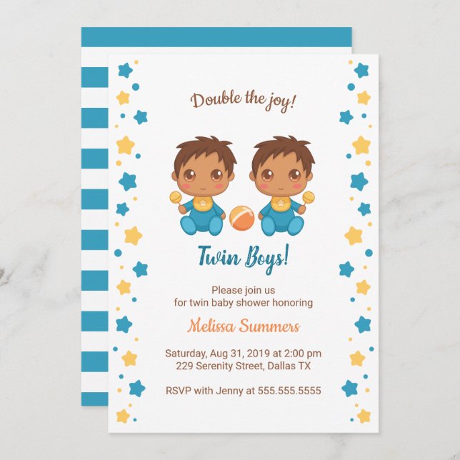 Twin Boys Baby Shower 2 Invitation (Front/Back)
