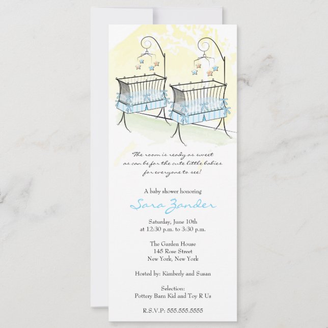 Twin Boys Baby Shower Invitation - Baby Cribs (Front)