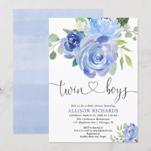 Twin boys baby shower navy green floral invitation