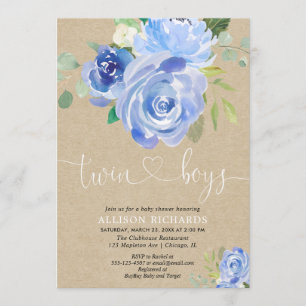 Twin boys baby shower rustic blue floral kraft invitation