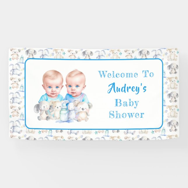 Twin Boy's Baby Shower Watercolor Animals Banner (Horizontal)