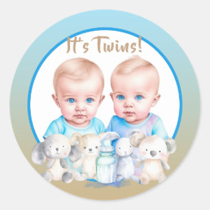 Twin Boy's Baby Shower Watercolor Animals Classic Round Sticker