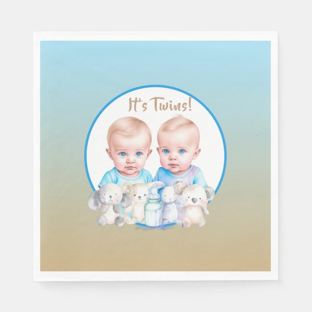 Twin Boy's Baby Shower Watercolor Animals Napkin (Front)