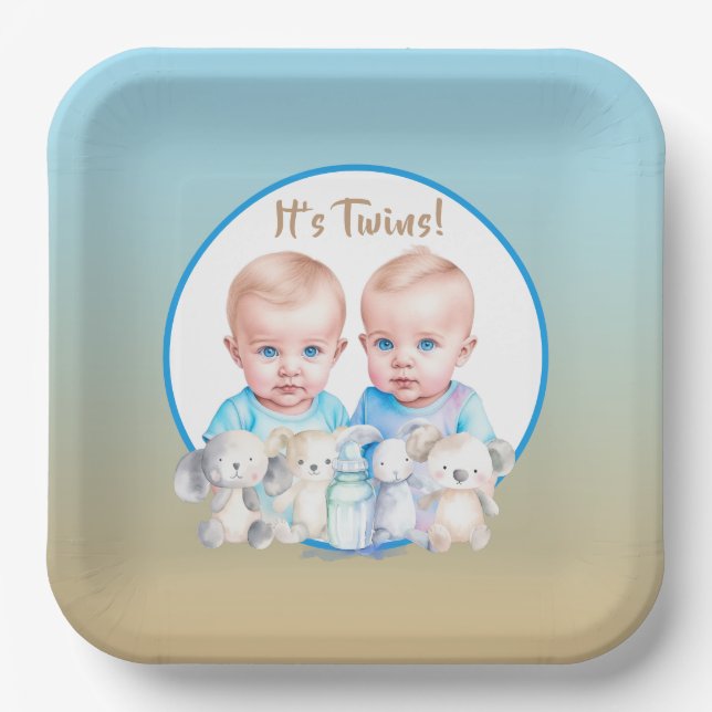 Twin Boy's Baby Shower Watercolor Animals Paper Plate (Front)