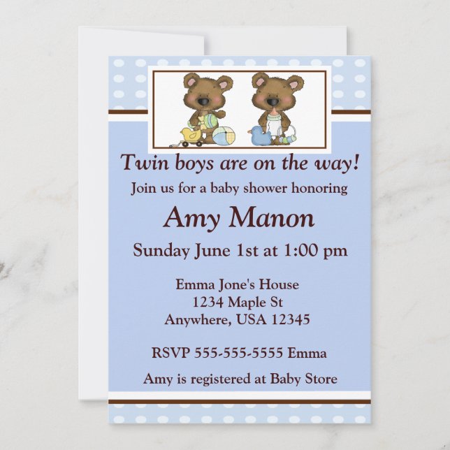 Twin boys bears personalised baby shower invites (Front)