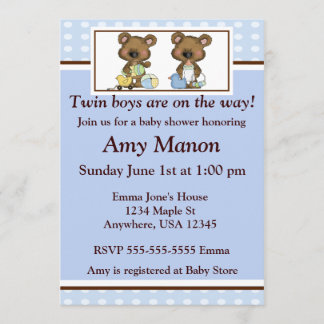 Twin boys bears personalised baby shower invites