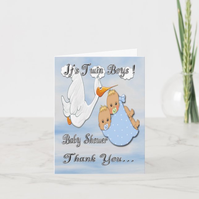 Twin Boys Blonde Stork Baby Shower Thank You Card (Front)