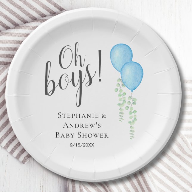 Twin Boys Blue Balloons Baby Shower Paper Plate (Creator Uploaded)
