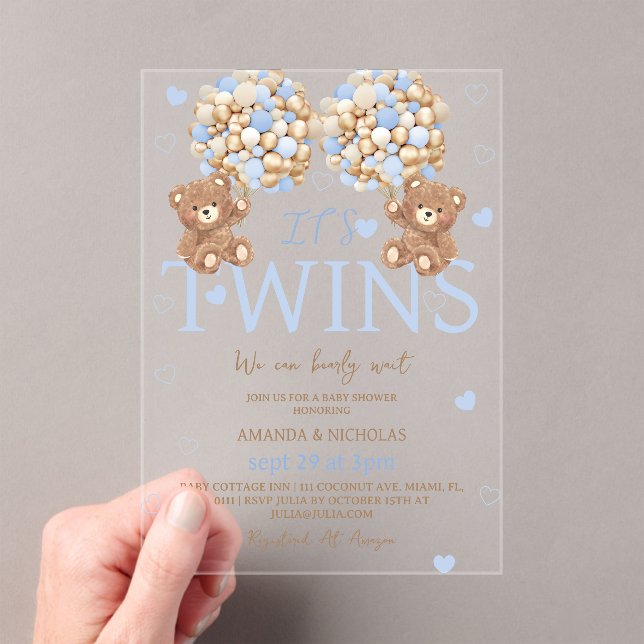 Twin Boys Blue Bear Baby Shower Acrylic Invitations (Insitu (Handheld))