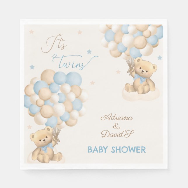 Twin Boys Blue Bear Balloons Baby Shower Napkin (Front)