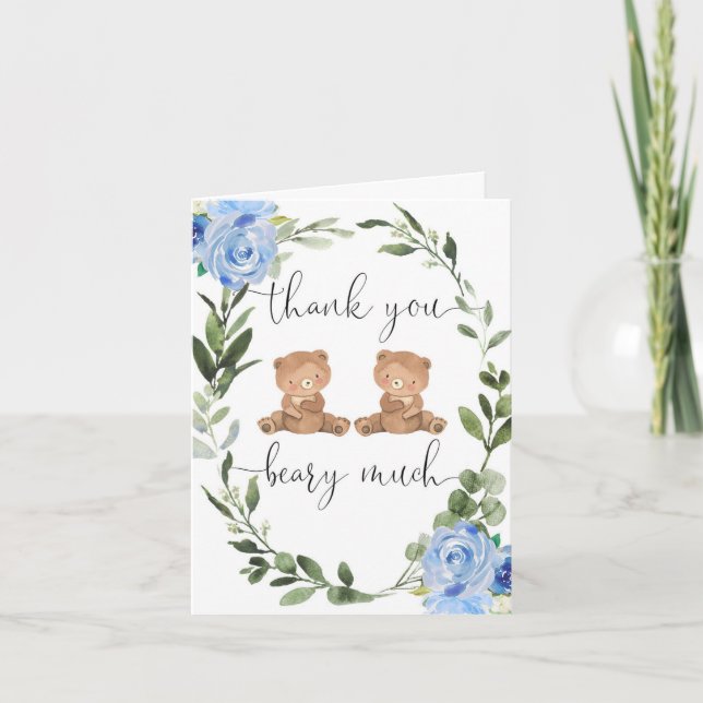 Twin boys blue floral teddy bears greenery thank you card (Front)