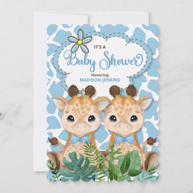 Twin Boys Blue Giraffe Jungle Baby Shower Invitation (Front)