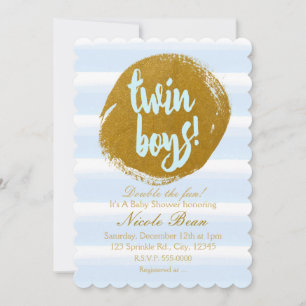 TWIN BOYS Blue & Gold Foil Watercolor Invitation