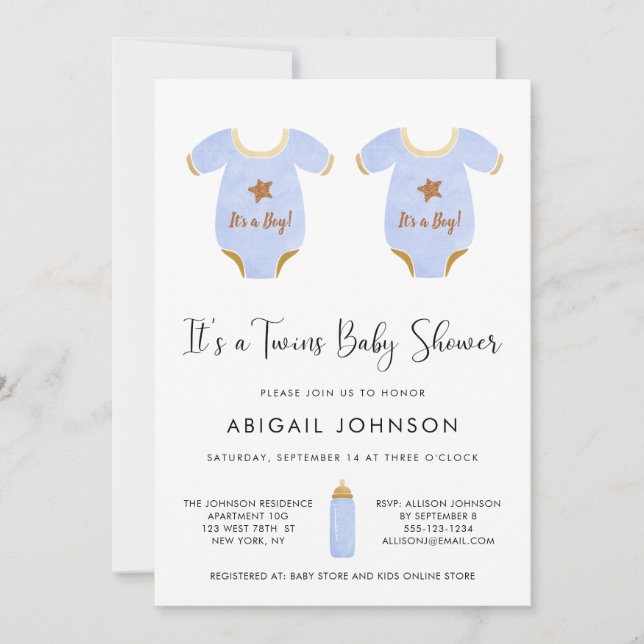 Twin Boys Blue Gold Watercolor Retro Baby Shower Invitation (Front)