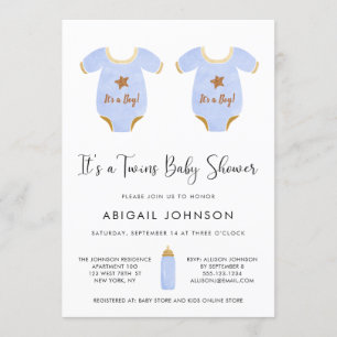 Twin Boys Blue Gold Watercolor Retro Baby Shower Invitation