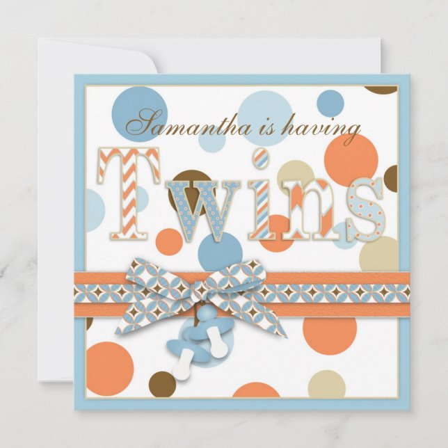 TWIN BOYS Blue Orange Brown Dots Baby Shower Invitation (Front)