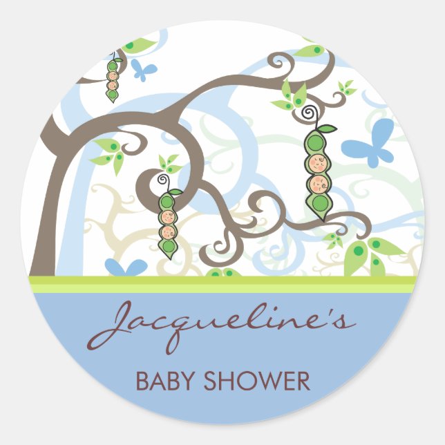 Twin Boys Blue Peas In A Pod Baby Shower Sticker (Front)