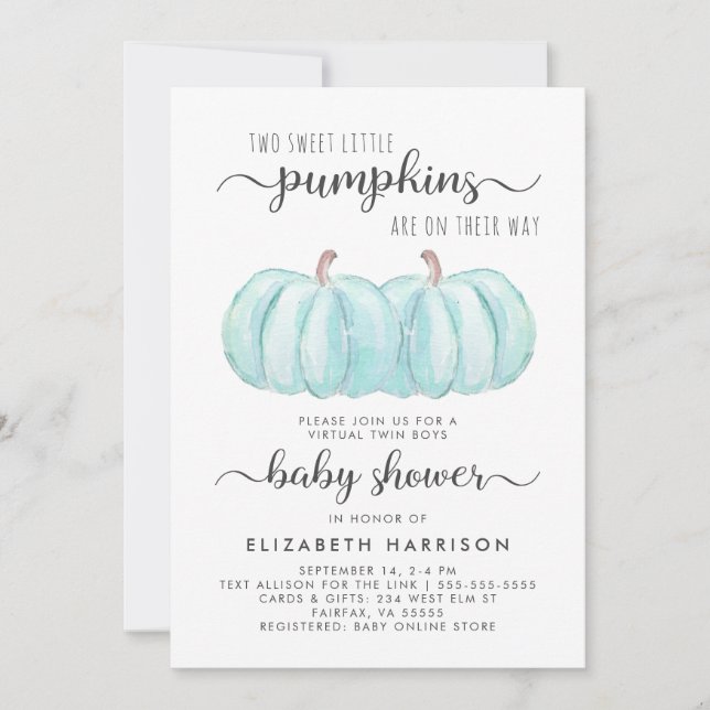 Twin Boys Blue Pumpkin Virtual Baby Shower Invitation (Front)