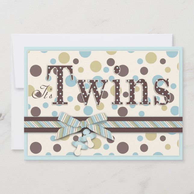 TWIN BOYS Blue Sage Brown Dots Baby Shower Invitation (Front)