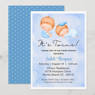 Twin boys Blue Sky Clouds baby shower invitation