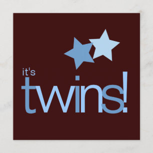 Twin Boys Blue Stars on Brown Baby Shower Invitation