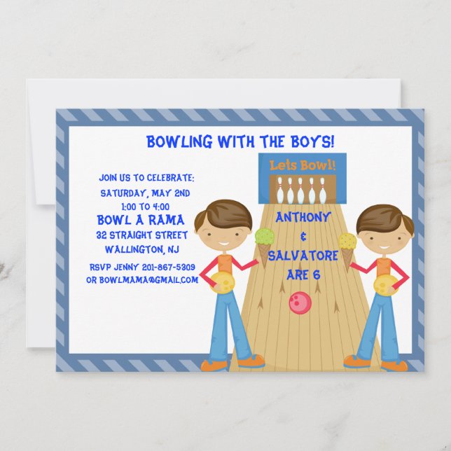 Twin Boys Bowling Birthday Party Invitation (Front)
