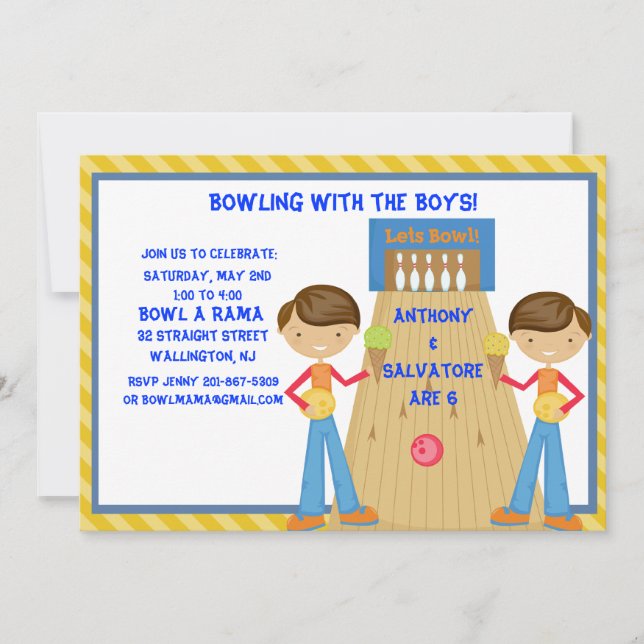 Twin Boys Bowling Birthday Party Invitation (Front)