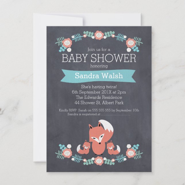 Twin Boys Chalkboard Fox Baby Shower Invitation (Front)